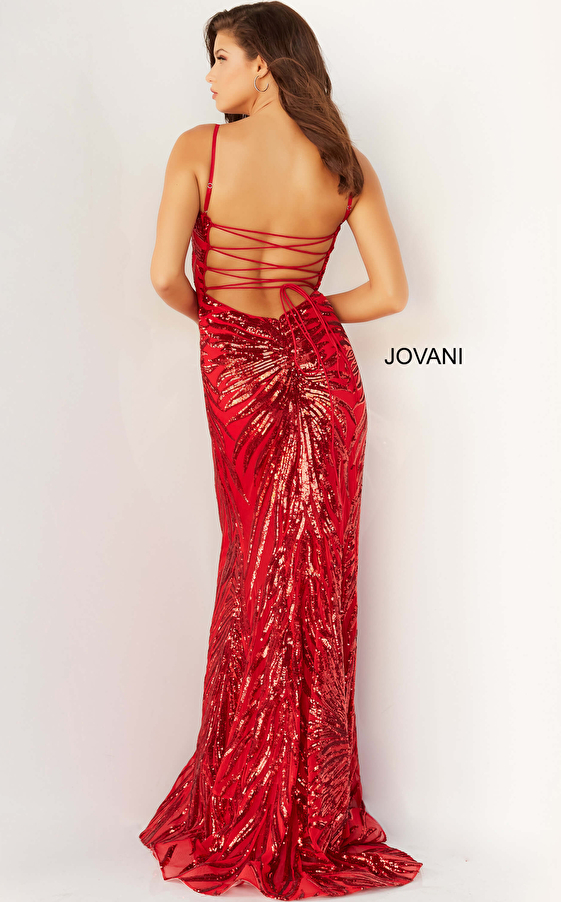 Jovani 08481 Red Embellished Tie Back Prom Dress